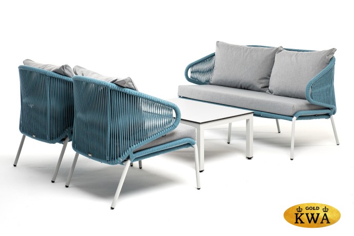 "Милан" лаунж-зона 4-местная плетеная из роупа (веревки), каркас алюминиевый светло-серый, роуп бирюзовый