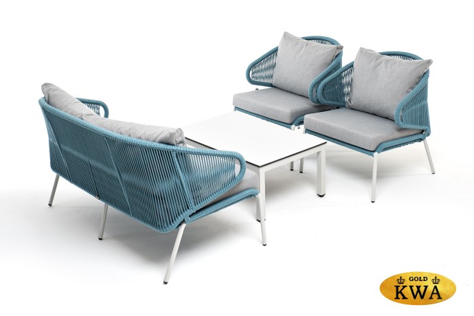 "Милан" лаунж-зона 4-местная плетеная из роупа (веревки), каркас алюминиевый светло-серый, роуп бирюзовый