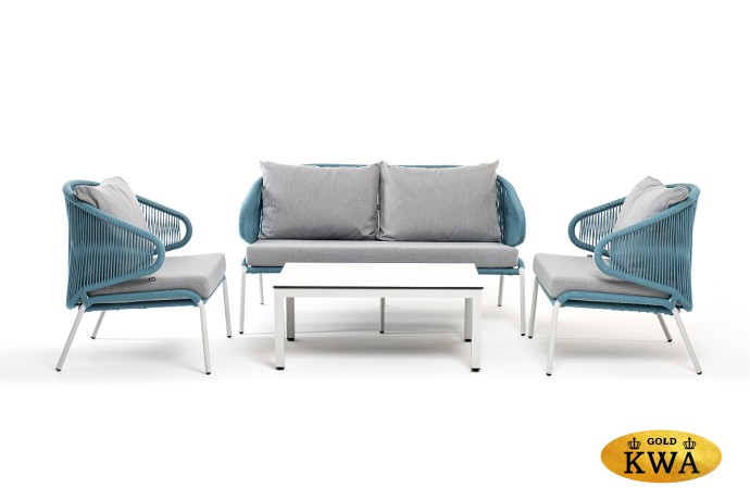"Милан" лаунж-зона 4-местная плетеная из роупа (веревки), каркас алюминиевый светло-серый, роуп бирюзовый