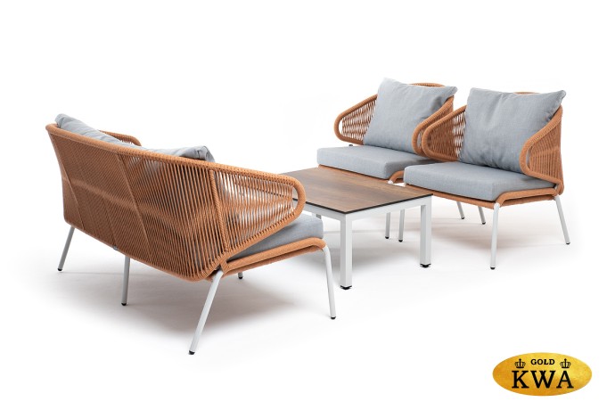 "Милан" лаунж-зона 4-местная плетеная из роупа (веревки), каркас алюминиевый светло-серый, роуп оранжевый меланж