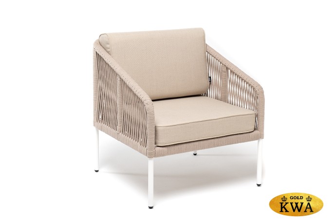 "Канны" кресло плетеное из роупа, каркас алюминий белый, муар, роуп бежевый круглый, ткань бежевая 052