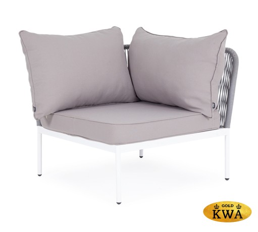 "Канны" угловой модуль плетеный из роупа, каркас алюминий белый шагрень, роуп светло-серый круглый, ткань светло-серая