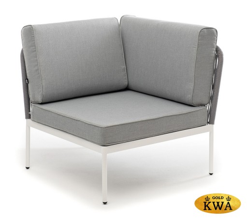 "Канны" угловой модуль плетеный из роупа, каркас алюминий белый шагрень, роуп светло-серый круглый, ткань светло-серая