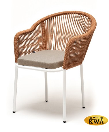 "Лион" стул плетеный из роупа, каркас алюминий светло-серый (RAL7035) муар, роуп оранжевый меланж круглый, ткань бежевая 15052