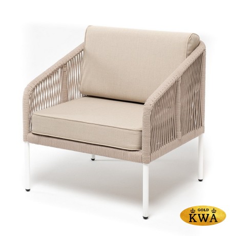 "Канны" кресло плетеное из роупа, каркас алюминий белый муар, роуп бежевый круглый, ткань бежевая 052, пос.H45