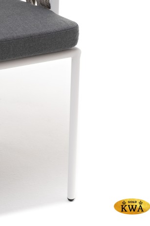 "Диего" стул плетеный из роупа, каркас из стали белый муар, роуп серый меланж круглый, ткань серая 017