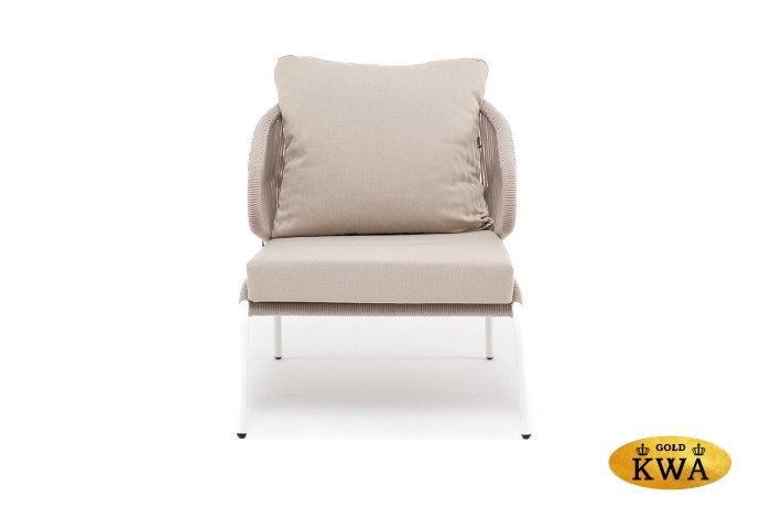 "Милан" кресло плетеное из роупа, каркас алюминий белый муар, роуп бежевый круглый, ткань бежевая 052