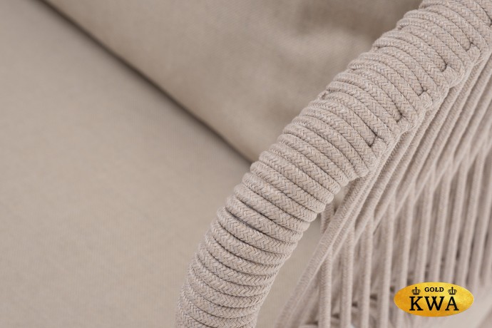 "Милан" кресло плетеное из роупа, каркас алюминий белый муар, роуп бежевый круглый, ткань бежевая 052