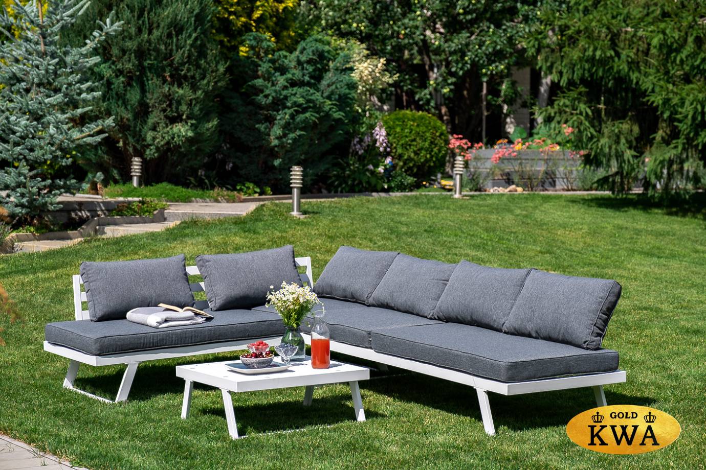 Garten-Ecksofa mit Dunkelgrauen Kissen Bambus Dunkelgrau | Ecksofa