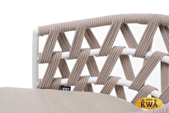 "Диего" стул плетеный из роупа, каркас из стали белый муар, роуп бежевый круглый, ткань бежевая 052