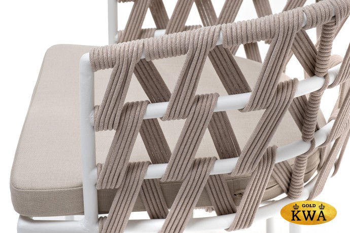 "Диего" стул плетеный из роупа, каркас из стали белый муар, роуп бежевый круглый, ткань бежевая 052