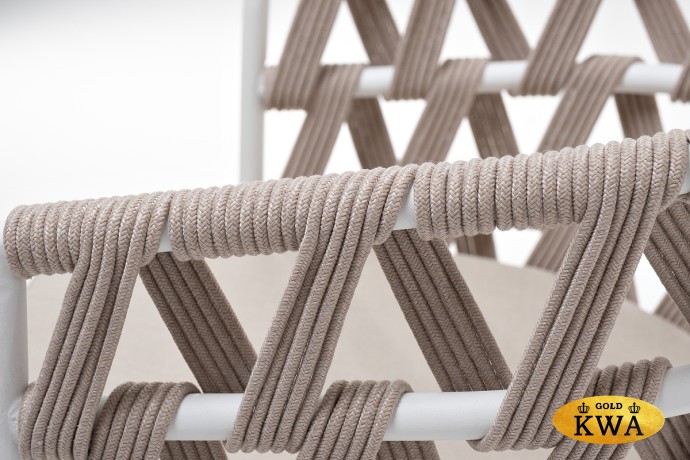 "Диего" стул плетеный из роупа, каркас из стали белый муар, роуп бежевый круглый, ткань бежевая 052