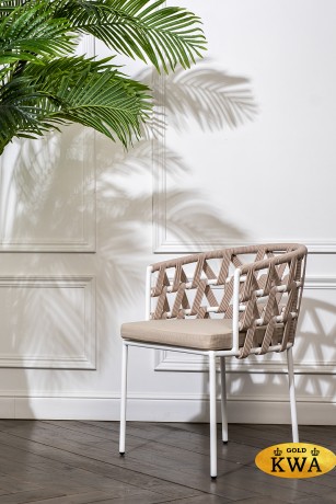 "Диего" стул плетеный из роупа, каркас из стали белый муар, роуп бежевый круглый, ткань бежевая 052