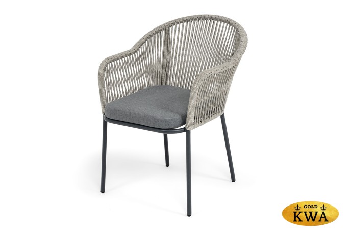 "Лион" стул плетеный из роупа, каркас из стали темно-серый (RAL7024) муар, роуп серый меланж круглый, ткань серая 017