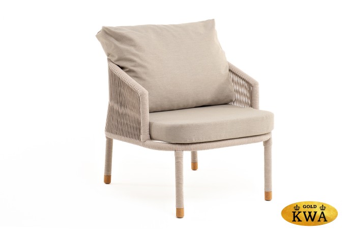 "Верона" кресло плетеное из роупа, каркас алюминий белый муар, роуп бежевый круглый, ткань бежевая 052