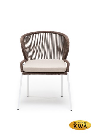 "Милан" стул плетеный из роупа, каркас алюминий белый муар, роуп коричневый круглый, ткань бежевая 052