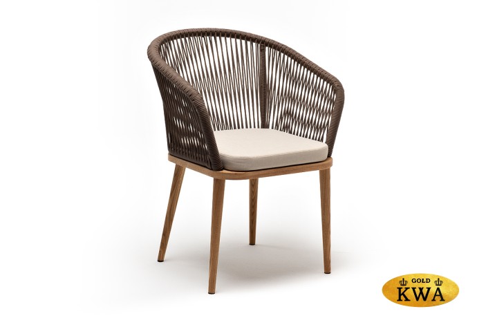 "Марсель" стул плетеный из роупа, основание дуб, роуп коричневый круглый, ткань бежевая 052