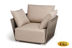 "Форли" кресло плетеное из роупа, каркас алюминий светло-серый (RAL7035) муар, роуп серо-коричневый 23мм, ткань Mossle бежевая