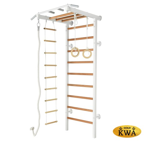 Шведская стенка комбинированная - КОМБИ - ТРДШС+3 (стенка + турник-рукоход из дерева с широким хватом стационарный + канат + лестница веревочная + кольца)