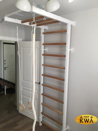 Шведская стенка комбинированная - КОМБИ - ТРДШС+3 (стенка + турник-рукоход из дерева с широким хватом стационарный + канат + лестница веревочная + кольца)