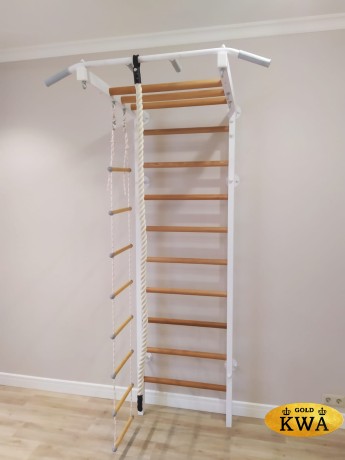 Шведская стенка комбинированная - КОМБИ - ТРДШС+3 (стенка + турник-рукоход из дерева с широким хватом стационарный + канат + лестница веревочная + кольца)