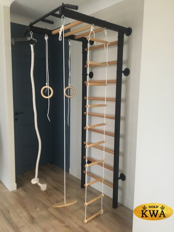 Шведская стенка комбинированная - КОМБИ - ТРДШС+3 (стенка + турник-рукоход из дерева с широким хватом стационарный + канат + лестница веревочная + кольца)