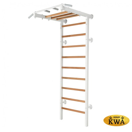 Шведская стенка комбинированная - КОМБИ - ТРДШС+3 (стенка + турник-рукоход из дерева с широким хватом стационарный + канат + лестница веревочная + кольца)