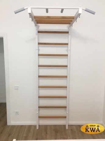 Шведская стенка комбинированная - КОМБИ - ТРДШС+3 (стенка + турник-рукоход из дерева с широким хватом стационарный + канат + лестница веревочная + кольца)