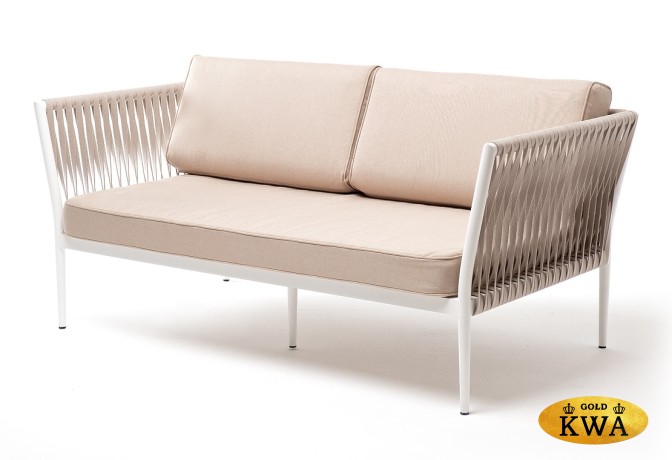 "Касабланка" диван 2-местный плетеный из роупа, каркас алюминий светло-серый (RAL7035) шагрень, роуп серо-коричневый 23мм, ткань Savana Ivory