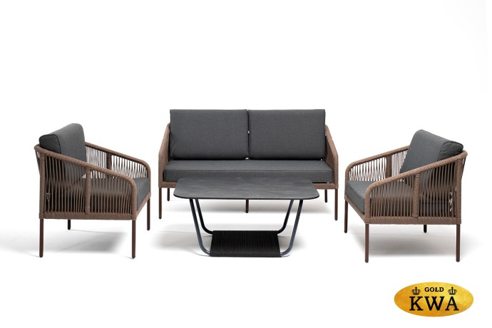 "Канны" лаунж-зона 4-местная из роупа, каркас алюминий коричневый, роуп коричневый, ткань темно-серая