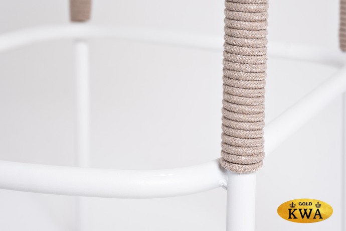 "Марсель" стул барный плетеный из роупа, каркас из стали белый муар, роуп бежевый круглый, ткань бежевая