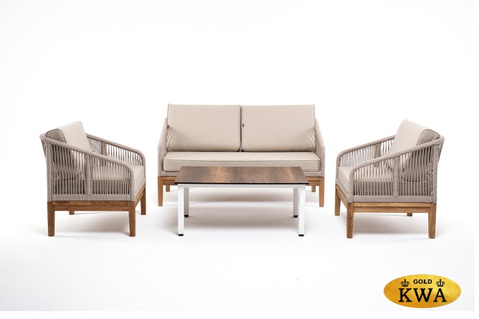 "Канны" лаунж-зона 4-ая из роупа со столиком "Канны" цвета "дуб", основание дуб, роуп бежевый