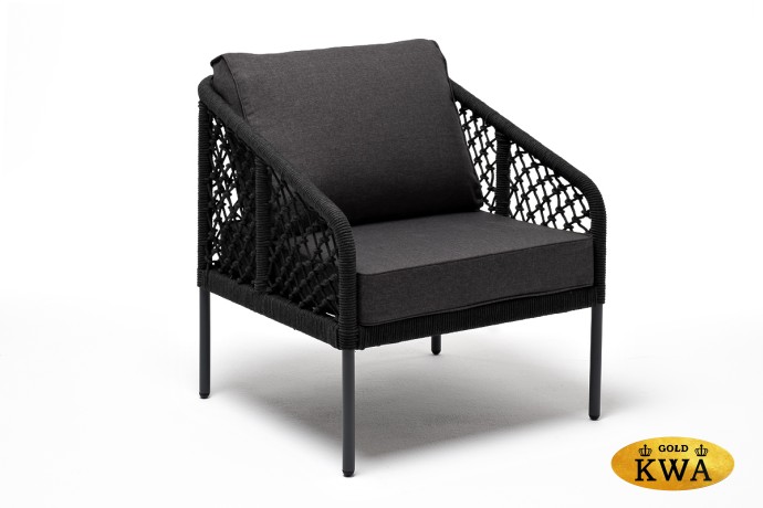 "Канны" кресло плетеное из роупа (узелки), каркас алюминий темно-серый (RAL7024) муар, роуп темно-серый круглый, ткань темно-серая 027