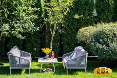 &quot;Канны&quot; диван 2-местный плетеный из роупа, каркас алюминий белый, роуп светло-серый круглый, ткань светло-серая