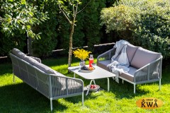 &quot;Канны&quot; диван 2-местный плетеный из роупа, каркас алюминий белый, роуп светло-серый круглый, ткань светло-серая