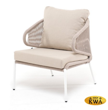 "Милан" кресло плетеное из роупа, каркас алюминий белый шагрень, роуп бежевый круглый, ткань бежевая