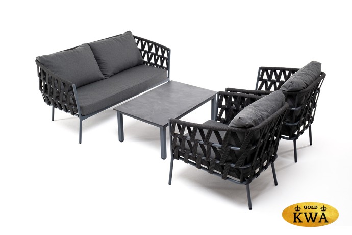 "Диего" лаунж-зона 4-местная плетеная из роупа (веревки), каркас алюминиевый серый, роуп темно-серый