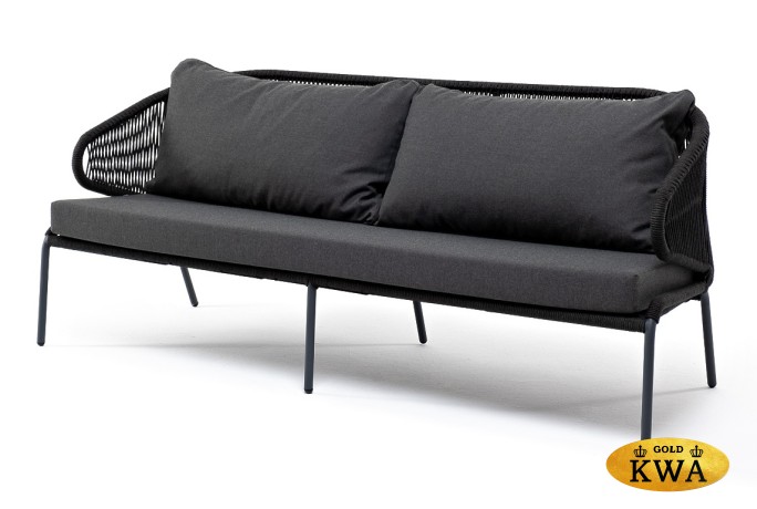 "Милан" диван 3-местный плетеный из роупа, каркас алюминий темно-серый (RAL7024) муар, роуп темно-серый круглый, ткань темно-серая 027