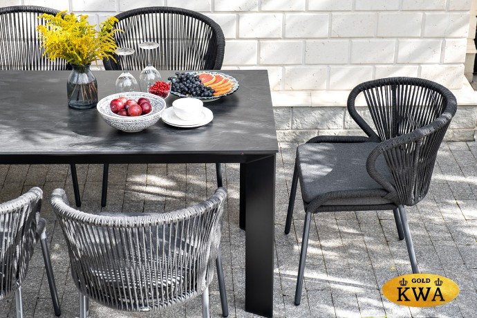 "Милан" стул плетеный из роупа, каркас алюминий темно-серый (RAL7024) муар, роуп темно-серый круглый, ткань темно-серая 027