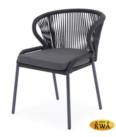 "Милан" стул плетеный из роупа, каркас алюминий темно-серый (RAL7024) муар, роуп темно-серый круглый, ткань темно-серая 027