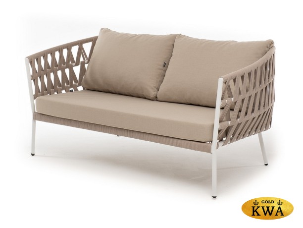 "Диего" диван 2-местный плетеный из роупа, каркас алюминий белый муар, роуп бежевый круглый, ткань бежевая 052