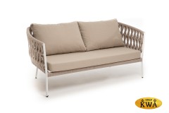 &quot;Диего&quot; диван 2-местный плетеный из роупа, каркас алюминий белый муар, роуп бежевый круглый, ткань бежевая 052