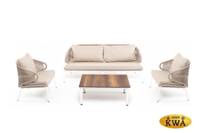 "Милан" лаунж-зона 5-местная плетеная из роупа (веревки), каркас алюминиевый белый, роуп бежевый