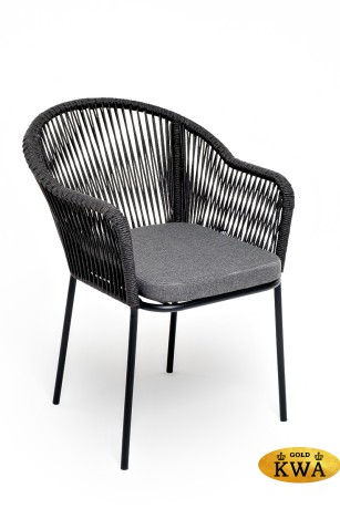 "Лион" стул плетеный из роупа, каркас из стали темно-серый (RAL7024) муар, роуп темно-серый круглый, ткань темно-серая 027