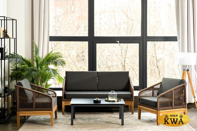 "Канны" лаунж-зона 4-ая из роупа со столиком "Канны" (серый гранит), основание дуб, роуп коричневый