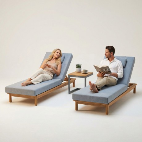 Шезлонг САПОРИ тик, светло-серый матрас, подушка