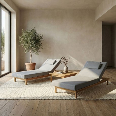 Шезлонг САПОРИ тик, светло-серый матрас, подушка