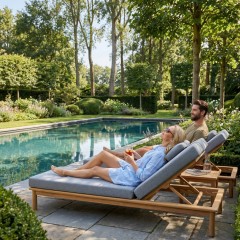 Шезлонг САПОРИ тик, светло-серый матрас, подушка