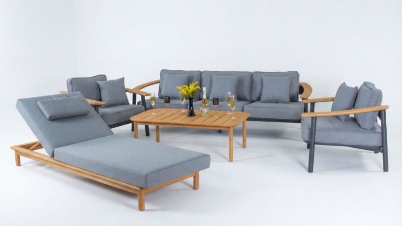 Шезлонг САПОРИ тик, светло-серый матрас, подушка