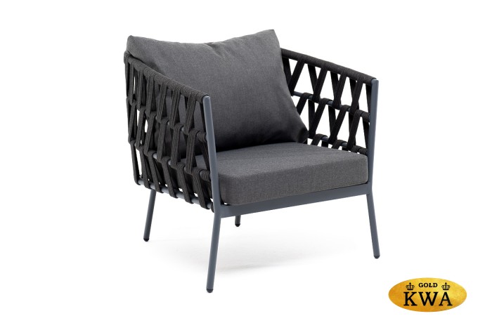 "Диего" кресло плетеное из роупа, каркас алюминий темно-серый (RAL7024) муар, роуп темно-серый круглый, ткань темно-серая 027